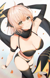 Rule 34 | 1girl, absurdres, ahoge, arm up, armband, armpits, bare shoulders, bikini, black bikini, black bow, black scarf, black thighhighs, blonde hair, bow, breasts, brown eyes, cleavage, closed mouth, commentary request, fate/grand order, fate (series), from above, groin, hair bow, highleg, highleg bikini, highres, large breasts, looking at viewer, navel, okita j. souji (fate), okita j. souji (first ascension) (fate), okita souji (fate), okita souji (koha-ace), petals, scarf, short hair, skindentation, smile, solo, swimsuit, thigh strap, thighhighs, thighs, uiri-na, wristband