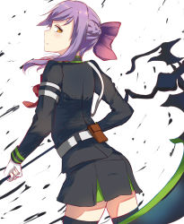 Rule 34 | 10s, 1girl, belt, black skirt, black thighhighs, brown eyes, color1087, from behind, gloves, hair ornament, highres, hiiragi shinoa, holding, holding weapon, long hair, looking at viewer, owari no seraph, pleated skirt, purple hair, scythe, skirt, solo, thighhighs, uniform, weapon, white gloves, zettai ryouiki
