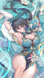 absurdres aqua_dress aqua_eyes aqua_gloves armpits banjo barefoot black_hair breasts china_dress chinese_clothes cleavage dakimakura_(medium) dress earrings gloves highres holding holding_instrument honkai:_star_rail honkai_(series) instrument jewelry large_breasts long_hair lying misheng_liu_yin on_back ruan_mei_(honkai:_star_rail) thighs