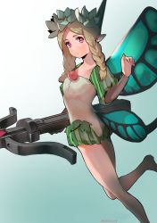 Rule 34 | 1girl, blonde hair, blue background, blush, braid, crossbow, dress, fairy wings, flower, from side, grey footwear, hand up, highres, holding crossbow, holding weapon, long sleeves, looking at viewer, looking to the side, mercedes (odin sphere), miso katsu, odin sphere, parted lips, pink eyes, pointy ears, shoes, short dress, simple background, solo, twin braids, white flower, wings