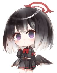 Rule 34 | 1girl, :o, armband, black hair, black sailor collar, black serafuku, black shirt, black skirt, black wings, blue archive, blush, bow, chibi, commentary request, feathered wings, gradient hair, grey hair, halo, kotatu (akaki01aoki00), long sleeves, low wings, mashiro (blue archive), multicolored hair, navel, parted lips, pleated skirt, puffy long sleeves, puffy sleeves, purple eyes, red bow, sailor collar, school uniform, serafuku, shirt, simple background, skirt, sleeves past fingers, sleeves past wrists, solo, white background, winged halo, wings