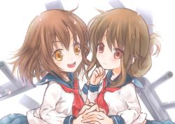 Rule 34 | 10s, 2girls, bloom, blush, brown eyes, brown hair, cannon, fang, folded ponytail, hair ornament, hairclip, ikazuchi (kancolle), inazuma (kancolle), interlocked fingers, kantai collection, long hair, maryquant, multiple girls, open mouth, personification, school uniform, serafuku, short hair, skirt, smile, tears, turret, yellow eyes