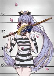Rule 34 | 1girl, ayaka (genshin impact), blue eyes, bokken, commentary request, cowboy shot, dress, folding fan, genshin impact, grey background, grey hair, hand fan, highres, holding, holding fan, holding sword, holding weapon, jiemoyu zz, long hair, long sleeves, looking at viewer, over shoulder, petals, ponytail, short dress, solo, standing, striped clothes, striped dress, sword, thighs, very long hair, weapon, weapon over shoulder, wooden sword