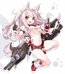 Rule 34 | 1girl, animal, animal ears, azur lane, belt, belt buckle, black skirt, blue nails, braid, breasts, buckle, collar, crop top, dog, fang, fangs, fingerless gloves, floating hair, full body, gloves, grey hair, hair ornament, hands up, heart, highres, karukan (monjya), leg warmers, long hair, looking at viewer, medium breasts, microskirt, nail polish, navel, neck ribbon, open mouth, paw print, paw print background, pink nails, pleated skirt, red belt, red eyes, red footwear, red gloves, red ribbon, ribbon, shadow, shirt, shoes, short eyebrows, short sleeves, side braid, side slit, sidelocks, skirt, slit pupils, solo, stomach, stomach tattoo, tail, tattoo, tsurime, turret, two side up, underboob, white background, white shirt, wolf ears, wolf tail, yuudachi (azur lane)