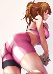 Rule 34 | 1girl, :d, absurdres, ass, bare shoulders, bike shorts, blue eyes, blush, breasts, brown hair, commentary request, commission, covered erect nipples, cowboy shot, from side, gundam, gundam build fighters, gundam build fighters try, gunpla, hair between eyes, hand on own chest, highres, holding, hoshino fumina, large breasts, leaning forward, long hair, looking at viewer, midriff, model kit, navel, open mouth, pink scrunchie, pink shorts, pink sports bra, ponytail, profile, scrunchie, shorts, sidelocks, simple background, skeb commission, smile, solo, sports bra, standing, tiri man, trefoil, two-tone sports bra, white background, winning gundam