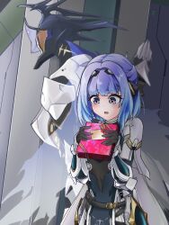 1girl 1other alisa_(pgr) black_bow blue_eyes blue_hair bow box cecilie_(pgr) dorinhakawaii embarrassed gift gift_box hair_bow hair_intakes helmet highres holding humanoid_robot mechanical_arms punishing:_gray_raven purple_eyes purple_hair ringed_eyes robot sidelocks symbol-shaped_pupils thick_eyebrows valentine