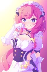 1girl apron aya_chan1221 black_choker black_dress blue_eyes breasts butterfly_hair_ornament choker cleavage closed_mouth clothing_cutout dress elf elysia_(honkai_impact) elysia_(miss_pink)_(honkai_impact) elysia_(miss_pink_elf)_(honkai_impact) fake_horns gloves gradient_background hair_between_eyes hair_ornament highres honkai_(series) honkai_impact_3rd horns large_breasts long_hair looking_at_viewer maid maid_apron maid_day maid_headdress pink_hair pointy_ears puffy_short_sleeves puffy_sleeves short_sleeves side_cutout smile solo white_apron white_gloves