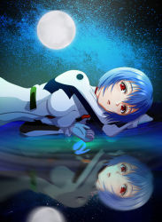 Rule 34 | 1girl, ayanami rei, blue hair, bodysuit, breasts, fe (12141978), full moon, interface headset, looking at viewer, lying, medium breasts, moon, moonlight, neon genesis evangelion, on stomach, open mouth, parted lips, plugsuit, rebuild of evangelion, red eyes, reflection, short hair, sky, solo, star (sky), star (symbol), starry sky, water