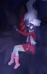 Rule 34 | 1girl, beanie, black hair, blue eyes, blush, boots, bright pupils, carrying, carrying person, coat, creatures (company), darkrai, dawn (pokemon), from side, full body, game freak, gen 4 pokemon, hair ornament, hairclip, hat, highres, holding hands, knee boots, legendary pokemon, long hair, long sleeves, mythical pokemon, night, night sky, nintendo, pink footwear, pokemon, pokemon (creature), pokemon dppt, profile, red coat, rubber boots, scarf, sidelocks, sitting, sky, slit pupils, star (sky), starry sky, thighhighs, transistor, white hat, white scarf, white thighhighs, winter clothes, winter coat, zettai ryouiki