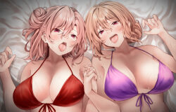 2girls :d bikini blush breasts collarbone commentary_request front-tie_bikini_top front-tie_top hair_bun hands_up holding_hands interlocked_fingers looking_at_viewer mature_female mother_and_daughter multiple_girls open_mouth purple_bikini red_bikini red_hayao short_hair single_hair_bun smile sweat swimsuit teeth tongue tongue_out upper_body upper_teeth_only yahari_ore_no_seishun_lovecome_wa_machigatteiru. yuigahama_yui yuigahama_yui&#039;s_mother