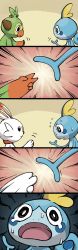 Rule 34 | 5koma, black eyes, blush stickers, closed mouth, comic, creatures (company), emphasis lines, eye contact, fangs, flying sweatdrops, from side, game freak, gen 8 pokemon, grookey, hand up, happy, highres, jpeg artifacts, looking at another, looking down, multiple views, nervous, nintendo, no humans, open mouth, pas (paxiti), pokemon, pokemon (creature), pokemon swsh, profile, rock paper scissors, sad, scorbunny, silent comic, smile, sobble, starter pokemon trio, sweat, tears