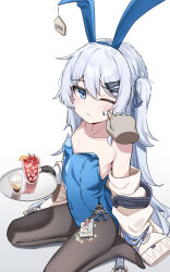 Rule 34 | 1girl, absurdres, animal ears, bare shoulders, blue eyes, blue hair, blue leotard, blush, breasts, clothes down, collarbone, cup, di le to, disembodied limb, drink, drinking glass, ear tag, fake animal ears, highres, holding, holding tray, jacket, leotard, light blue hair, long hair, looking at viewer, no shoes, one eye closed, original, pantyhose, playboy bunny, rabbit ears, sitting, small breasts, solo, tray, very long hair, white jacket