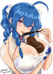 Rule 34 | 1girl, ahoge, azur lane, bare shoulders, between breasts, blue hair, blush, breast hold, breasts, candy, china dress, chinese clothes, chocolate, chocolate heart, cleavage, commentary request, dress, folded fan, folding fan, food, hand fan, happy valentine, heart, highres, holding, large breasts, lips, lipstick, long hair, looking at viewer, makeup, mi mi ham, open mouth, paper fan, purple eyes, shiny skin, simple background, sleeveless, smile, solo, st. louis (azur lane), st. louis (blue and white pottery) (azur lane), upper body, valentine, white background