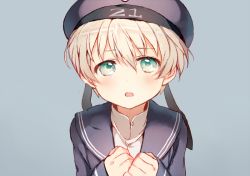 Rule 34 | 10s, 1girl, beret, blonde hair, blush, clothes writing, green eyes, hat, kantai collection, looking at viewer, open mouth, sailor collar, sailor hat, shigaraki (strobe blue), short hair, simple background, solo, steam, z1 leberecht maass (kancolle)