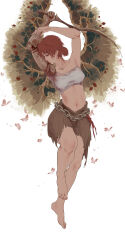 Rule 34 | 1girl, absurdres, amputee, armpits, arms up, bare arms, bare legs, barefoot, branch, breasts, brown skirt, bug, butterfly, chain, chain belt, chinese commentary, closed eyes, closed mouth, crop top, elden ring, feet, floating, full body, hair bun, highres, holding, holding sword, holding weapon, insect, mechanical arms, medium breasts, midriff, millicent (elden ring), nao tou di guan, navel, prosthesis, prosthetic arm, red hair, short hair, single mechanical arm, skirt, solo, sword, toes, torn clothes, torn skirt, weapon, white background, wings