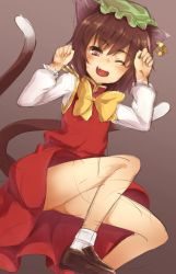 Rule 34 | 1girl, animal ears, bad id, bad pixiv id, bow, brown eyes, brown hair, cat ears, cat tail, chen, dress, earrings, fang, hat, highres, jewelry, legs, long sleeves, mob cap, multiple tails, nekomata, oborofu, one eye closed, open mouth, red dress, shirt, single earring, smile, solo, tail, touhou, two tails, upskirt