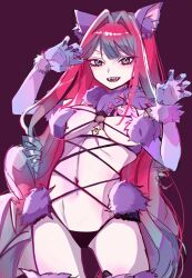 Rule 34 | 1girl, animal ears, baobhan sith (fate), bow, breasts, claw pose, cosplay, elbow gloves, fangs, fate/grand order, fate (series), fur-trimmed gloves, fur-trimmed legwear, fur collar, fur trim, gloves, grey eyes, highres, large breasts, long hair, looking at viewer, mash kyrielight, mash kyrielight (cosplay), mash kyrielight (dangerous beast), mash kyrielight (dangerous beast) (cosplay), misawa mn, navel, o-ring, open mouth, pink hair, purple background, purple gloves, revealing clothes, sidelocks, smile, solo, wolf ears