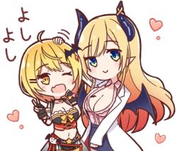 Rule 34 | 2girls, ahoge, bat hair ornament, blonde hair, breasts, choker, cleavage, closed mouth, collarbone, demon girl, demon horns, demon wings, fang, hair ornament, hairclip, heart, hololive, horns, hot kakigoori, large breasts, long hair, long sleeves, lowres, medium hair, midriff, multicolored hair, multiple girls, navel, one eye closed, open mouth, pointy ears, revealing clothes, skin fang, smile, star (symbol), two-tone hair, v, virtual youtuber, white background, white sleeves, wings, yellow eyes, yozora mel, yozora mel (2nd costume), yuzuki choco, yuzuki choco (1st costume)