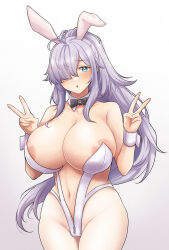 Rule 34 | absurdres, animal ears, areola slip, blue eyes, blush, breasts, cameltoe, cleavage, commentary request, double v, gnome (last origin), gradient background, grey hair, groin, hair over one eye, highres, huge breasts, last origin, leotard, long hair, looking at viewer, navel, nkis45912708, open mouth, playboy bunny, ponytail, rabbit ears, solo, v, white background, white leotard, wrist cuffs