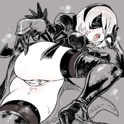 Rule 34 | 1girl, ass, boots, cameltoe, fellatio gesture, gloves, grey background, greyscale, hairband, hatching (texture), high heel boots, high heels, hounyouin, lowres, lying, monochrome, nier (series), nier:automata, on side, puffy sleeves, pussy juice, ribbon, sexually suggestive, short hair, simple background, sketch, solo, spot color, steam, steaming body, teeth, thigh boots, thighhighs, tongue, tongue out, turtleneck, upper teeth only, 2b (nier:automata)