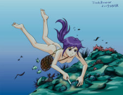 Rule 34 | 1girl, air bubble, ass, bag, barefoot, breasts, breath, clam shell, coral, diving, fish, freediving, fundoshi, holding breath, japanese clothes, knife, long hair, medium breasts, net, nipples, ocean, original, ponytail, purple hair, saver (artbysaver), swimming, topfreedom, topless, underwater