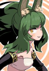 Rule 34 | 1girl, animal ears, bad id, bad twitter id, bare shoulders, belt bra, black gloves, blunt bangs, copyright request, elbow gloves, from side, gloves, green hair, looking at viewer, looking to the side, parted lips, reiesu (reis), short hair, smile, solo, strapless, tube top, upper body, white background, yellow eyes