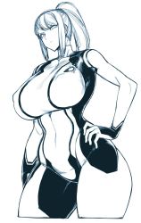 Rule 34 | 1girl, bodysuit, breasts, covered erect nipples, cowboy shot, from side, frown, hand on own hip, high ponytail, highres, huge breasts, long hair, looking at viewer, metroid, metroid: other m, mole, mole under mouth, monochrome, nintendo, parted bangs, ponytail, samus aran, scowl, shiny clothes, simple background, skin tight, solo, spacezin, standing, thighs, v-shaped eyebrows, wide hips, zero suit