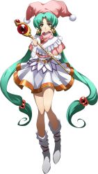 Rule 34 | 1girl, absurdres, boots, dress, earrings, green hair, hat, highres, holding, holding wand, jester cap, jewelry, langrisser, langrisser iv, long hair, long sleeves, official art, orange eyes, parted lips, schelfaniel (langrisser), solo, transparent background, twintails, very long hair, wand, white footwear