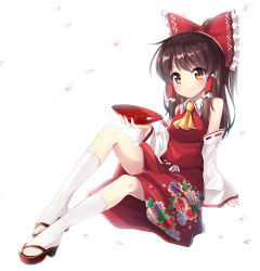 Rule 34 | 1girl, absurdres, ascot, bare shoulders, bow, brown hair, cup, detached sleeves, eyebrows, floral print, frilled shirt collar, frills, hair bow, hair tubes, hakurei reimu, half updo, highres, knee up, looking at viewer, mk82 (hoonsyh), petals, platform footwear, red bow, red shirt, red skirt, ribbon-trimmed sleeves, ribbon trim, sakazuki, sandals, shirt, sidelocks, sitting, skirt, smile, socks, solo, touhou, white background, white socks, wide sleeves, wing collar, yellow eyes