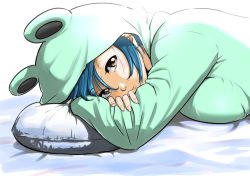 Rule 34 | 1girl, blue hair, breasts, large breasts, looking at viewer, may lee, pillow, snk, the king of fighters
