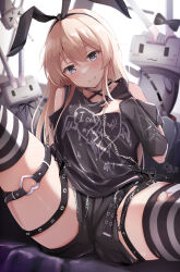 alternate_costume arm_behind_back bare_shoulders black_hairband black_ribbon black_shirt black_shorts blonde_hair blue_eyes blush breasts casual commentary_request detached_sleeves english_text giraffe_(ilconte) grin hair_between_eyes hair_ribbon hairband hand_on_own_chest heart_o-ring highres kantai_collection leg_up long_hair micro_shorts multiple_thigh_straps o-ring o-ring_thigh_strap presenting print_shirt rensouhou-chan ribbon shimakaze_(kancolle) shirt shorts small_breasts smile spread_legs striped_clothes striped_thighhighs thigh_strap thighhighs torn_clothes torn_thighhighs very_long_hair