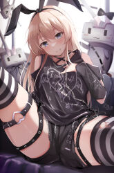 Rule 34 | alternate costume, arm behind back, bare shoulders, black hairband, black ribbon, black shirt, black shorts, blonde hair, blue eyes, blush, breasts, casual, commentary request, detached sleeves, english text, giraffe (ilconte), grin, hair between eyes, hair ribbon, hairband, hand on own chest, heart o-ring, highres, kantai collection, leg up, long hair, micro shorts, multiple thigh straps, o-ring, o-ring thigh strap, presenting, print shirt, rensouhou-chan, ribbon, shimakaze (kancolle), shirt, shorts, small breasts, smile, spread legs, striped clothes, striped thighhighs, thigh strap, thighhighs, torn clothes, torn thighhighs, very long hair