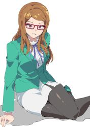 Rule 34 | 1girl, akai meganee, black pantyhose, blue ribbon, breasts, brown hair, commentary request, foot out of frame, glasses, green jacket, highres, jacket, long hair, long sleeves, looking at viewer, medium breasts, neck ribbon, office lady, pantyhose, pencil skirt, pretty series, red-framed eyewear, ribbon, shirt, shoes, simple background, sitting, skirt, solo, tsujii luki, waccha primagi!, white background, white shirt, white skirt
