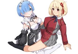 Rule 34 | 2girls, absurdres, belt, black dress, black socks, blonde hair, blue eyes, blue hair, blunt bangs, breasts, cleavage, closed mouth, commentary request, crossover, detached sleeves, dress, frilled sleeves, frills, full body, grey dress, hair ornament, hair over one eye, hair ribbon, haruhisky, highres, large breasts, light smile, long sleeves, looking at viewer, lycoris recoil, lycoris uniform, medium hair, multiple girls, neck ribbon, nishikigi chisato, no shoes, partial commentary, re:zero kara hajimeru isekai seikatsu, red belt, red dress, red eyes, red ribbon, rem (re:zero), ribbon, roswaal mansion maid uniform, second-party source, sitting, sleeves past fingers, sleeves past wrists, socks, spread legs, thighhighs, thighs, two-tone dress, white dress, white thighhighs, x hair ornament