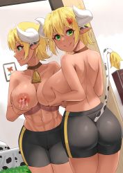 Rule 34 | 1girl, abs, animal ears, animal print, ass, bell, bimosamodro, blonde hair, grabbing another&#039;s breast, breasts squeezed together, breasts, c:, collar, cow ears, cow girl, cow horns, cow print, cow tail, cowbell, grabbing, grabbing own breast, green eyes, gym shorts, highres, horns, lactation, large breasts, looking at viewer, mirror, muscular, muscular female, neck bell, nipples, short hair, shorts, smile, solo, sportswear, tail, topless