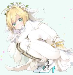 Rule 34 | 10s, 1girl, ahoge, ankle boots, belt, blonde hair, blush, bodysuit, boots, breasts, bridal veil, chain, closed mouth, crossed arms, dress, eyelashes, fate/extra, fate/extra ccc, fate (series), flower, from side, full body, gloves, green eyes, hair flower, hair ornament, head wreath, high heel boots, high heels, highres, hugging own legs, large breasts, leaning forward, long sleeves, looking at viewer, nero claudius (bride) (fate), nero claudius (fate), nero claudius (fate) (all), petals, pout, revision, simple background, sino (sionori), skin tight, solo, squatting, thigh strap, thighhighs, translation request, veil, waist cape, white bodysuit, white dress, white flower, white footwear, white gloves, white thighhighs, zipper