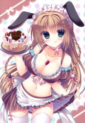 Rule 34 | 1girl, :q, absurdres, animal ears, apron, bare shoulders, blush, braid, breasts, brown hair, cake, choker, cleavage, clothes lift, detached sleeves, food, fruit, green eyes, hair ornament, hair ribbon, hairclip, highres, large breasts, long hair, looking at viewer, maid headdress, midriff, navel, original, rabbit ears, ribbon, ribbon choker, skirt, skirt lift, smile, solo, standing, strawberry, striped, thighhighs, tongue, tongue out, twin braids, vertical stripes, very long hair, waist apron, white thighhighs, yukie (peach candy)