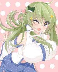 Rule 34 | + +, 1girl, bare shoulders, bent over, blue eyes, bouncing breasts, breasts, chimunge, detached sleeves, female focus, frog hair ornament, green hair, hair ornament, heart, kochiya sanae, large breasts, long hair, long sleeves, looking at viewer, one eye closed, open mouth, pink background, shirt, skirt, smile, snake hair ornament, solo, sparkle, touhou, wide sleeves