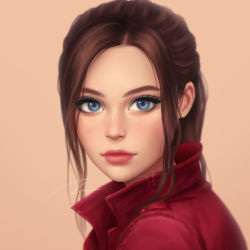Rule 34 | 1girl, blue eyes, blurry, brown hair, claire redfield, close-up, closed mouth, jacket, lips, long hair, looking at viewer, pink background, ponytail, profile, red jacket, resident evil, resident evil 2, signature, simple background, solo, umigraphics