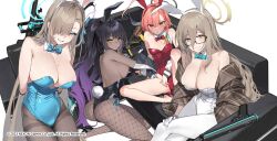 Rule 34 | 4girls, 92m, akane (blue archive), akane (bunny) (blue archive), animal ears, aqua bow, aqua bowtie, ass, asuna (blue archive), asuna (bunny) (blue archive), black pantyhose, blue archive, blush, bow, bowtie, breasts, cleaning &amp; clearing (blue archive), cleavage, copyright notice, detached collar, fake animal ears, fishnet pantyhose, fishnets, halo, highres, karin (blue archive), karin (bunny) (blue archive), large breasts, leotard, looking at viewer, multiple girls, neru (blue archive), neru (bunny) (blue archive), official art, pantyhose, playboy bunny, rabbit ears, strapless, strapless leotard, white pantyhose
