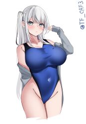 Rule 34 | 1girl, blue one-piece swimsuit, blush, breasts, collarbone, competition swimsuit, covered navel, cowboy shot, fuyutsuki (kancolle), grey eyes, grey hair, highres, jacket, kantai collection, large breasts, long hair, looking at viewer, one-piece swimsuit, one side up, simple background, smile, solo, swimsuit, tf cafe, twitter username