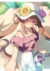 Rule 34 | 1girl, absurdres, animal ears, bag, blunt bangs, blush, brown hair, closed mouth, collarbone, disembodied hand, flower, handbag, hat, highres, horse ears, horse girl, horse tail, isana615, long hair, looking at viewer, purple eyes, solo, sunflower, sweep tosho (umamusume), tail, twintails, umamusume, white hat
