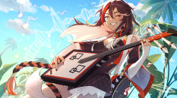 Rule 34 | 1girl, alternate hairstyle, ayabu sou, black hair, black nails, blonde hair, braid, breasts, cloud, dark-skinned female, dark skin, day, genshin impact, grin, hair down, highres, holding, holding instrument, instrument, leaf, long hair, long sleeves, looking at viewer, lute (instrument), makeup, multicolored hair, music, musical note, nail polish, one eye closed, outdoors, playing instrument, red hair, side braid, sky, small breasts, smile, solo, streaked hair, tree, xinyan (genshin impact), yellow eyes