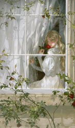Rule 34 | 1girl, artist name, blonde hair, blue eyes, bug, butterfly, commentary, curtains, dress, english commentary, english text, flower, high collar, holding, holding flower, insect, juliet sleeves, long hair, long sleeves, looking to the side, muntins, original, parted bangs, puffy sleeves, red flower, red rose, rose, rrr (reason), sidelocks, sitting on wall, sleeves past wrists, solo, white dress, windowsill