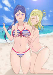Rule 34 | 2girls, ;), absurdres, artist name, artist request, bare legs, bare shoulders, beach, bikini, blonde hair, blue hair, blue sky, blush, braid, breasts, brown eyes, cleavage, cloud, collarbone, crown braid, day, feet out of frame, female focus, front-tie bikini top, front-tie top, grabbing, grabbing another&#039;s breast, green eyes, hair between eyes, hair rings, high ponytail, highres, looking at viewer, love live!, love live! sunshine!!, matsuura kanan, medium breasts, multiple girls, ocean, ohara mari, one eye closed, outdoors, parted lips, ponytail, short hair, sky, smile, striped bikini, striped clothes, swimsuit, white bikini, yellow eyes