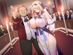 Rule 34 | 1boy, 1girl, areola slip, arms behind back, bare shoulders, blindfold, blonde hair, breasts, candle, cleavage, closed mouth, detached sleeves, dildo, facial hair, fire, groin, hair ornament, highres, huge breasts, indoors, itan shinmon zetsubou wo fuuin seshi shojo, geretsu kizoku ni hamerare otsu, legs, long hair, mustache, narumi cristear note, no eyes, original, pelvic curtain, public indecency, sex toy, smile, standing, thighs