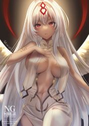 Rule 34 | 1girl, angel wings, artist name, azur lane, bare shoulders, breast curtains, breasts, center opening, cowboy shot, dark-skinned female, dark skin, dress, feathered wings, hand on own chest, hand up, highres, large breasts, long hair, looking at viewer, navel, parted lips, red eyes, revealing clothes, sao martinho (azur lane), solo, takemi mochi, twitter username, white dress, white hair, white wings, wings