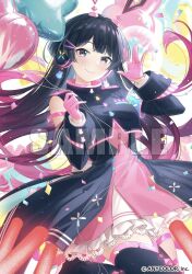 Rule 34 | 1girl, alternate costume, animal ears, armband, asymmetrical sleeves, black eyes, black hair, black sleeves, black thighhighs, blush, closed mouth, confetti, copyright name, detached sleeves, dot nose, dress, fake animal ears, frilled dress, frills, gloves, glowstick, headphones, highres, leg up, mairo, nijisanji, official art, pink gloves, rabbit ears, sample watermark, single detached sleeve, smile, solo, thighhighs, tsukino mito, virtual youtuber, watermark