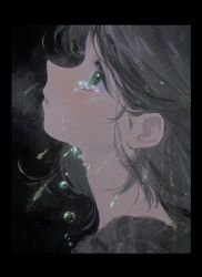 Rule 34 | 1girl, black background, black hair, blush, border, crying, from side, glowing, green eyes, green theme, hidari (nanmu-left), highres, light particles, looking up, original, portrait, profile, short hair, solo