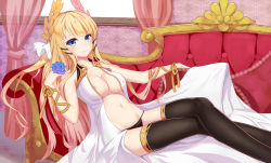 Rule 34 | 1girl, absurdres, areola slip, azur lane, bare shoulders, black ribbon, black thighhighs, blonde hair, blue eyes, blue flower, blue rose, blush, breasts, cleavage, closed mouth, collarbone, couch, crossed legs, curtains, dress, flower, groin, hair ornament, hair ribbon, hand on own shoulder, highres, large breasts, laurel crown, leaning back, long hair, looking at viewer, midriff, navel, no bra, on couch, panties, ribbon, rose, sidelocks, sitting, smile, solo, thighhighs, underwear, very long hair, victorious (azur lane), w-t, wallpaper (object), yellow ribbon